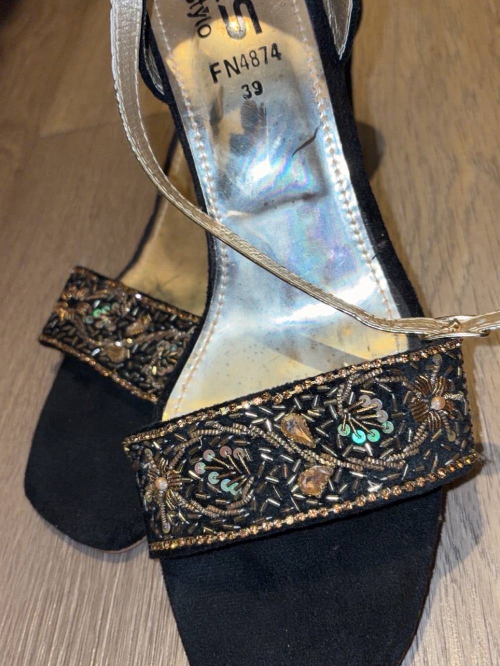 Embellished Black Suede Evening Sandals with Gold Accents